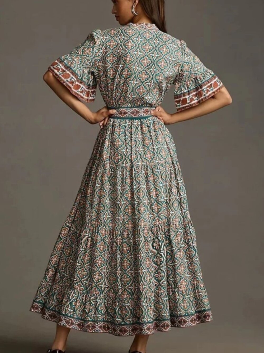 Sue Sartor Anthropologie Hamilton Kaftan Maxi Dress Tiered Flouncy Belt Size XS - Picture 8 of 10